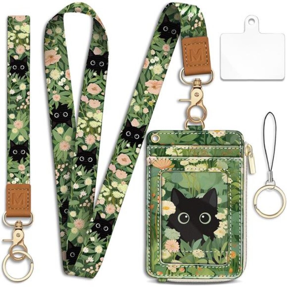 Floral Cat Lanyard Wallet ID Badge Holder RFID Keychain Wristlet Card Holder